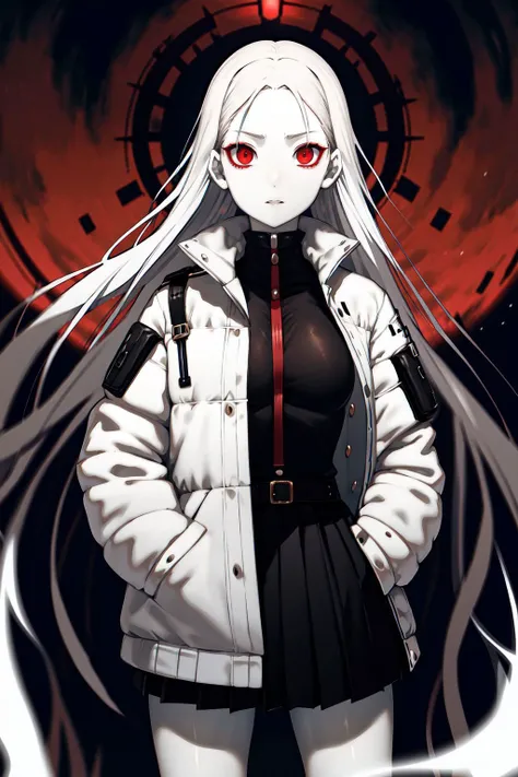 Teenager, girl, white skin, with light on her face, straight face, white long hair, black short skirt, black radiance, evil spirit, hand in pocket, red eyes, surrounded by crimson lightning, a sky stained with blood, a black aurora like light, a dark purple light, explosion, an unparalleled temperament, noble, elegant, king, high-quality, the best quality, masterpiece