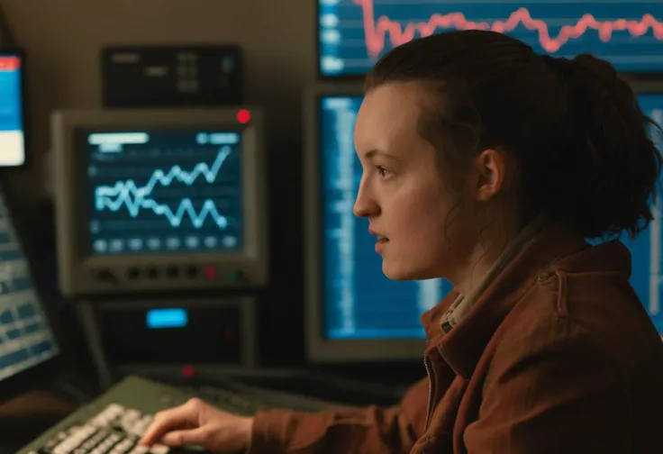 cinematic photo analog style portrait of an beautiful elegant ((ohwx woman)) seen in profile, from the side, haloed by an explosion of microsoft excel chart lines and graphs by rik oostenbroek, simple contrasted color, white background <lora:bella_ramsey_sdxl:1> . wes anderson movie, still from stanley kubrick movie, 35mm photograph, film, bokeh, professional, 4k, highly detailed