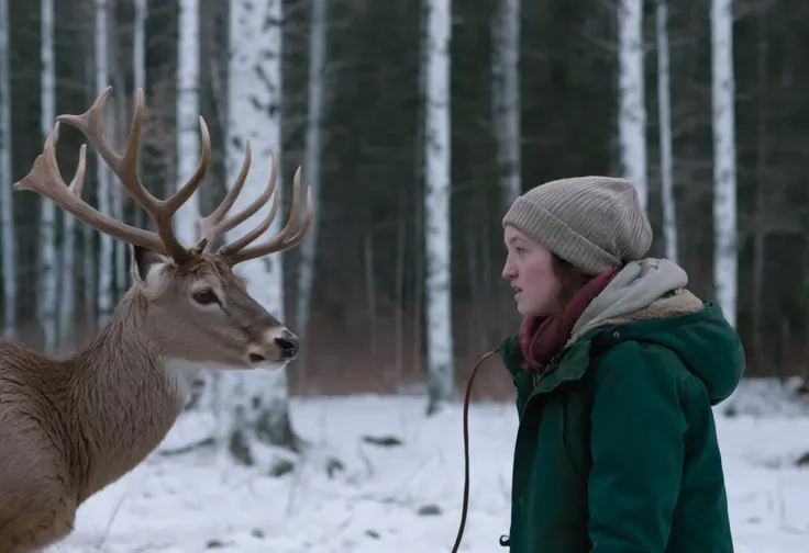 cinematic photo analog style portrait of an a ((ohwx woman)) facing a giant deer made of green fire, digital art, complex brushstrokes, soft contrast <lora:bella_ramsey_sdxl:1> . wes anderson movie, still from stanley kubrick movie, 35mm photograph, film, bokeh, professional, 4k, highly detailed