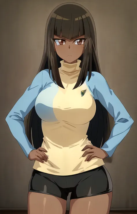 masterpiece, best quality,
masumi_kotsu, 1girl, kotsu masumi, long hair, brown hair, bangs, fringe trim, brown eyes, (large breasts:1.21551), (wide hips:1.21551), tan skin, dark-skinned female, layered sleeves, short over long sleeves, (blue short-sleeved shirt:1.21551), blue shirt, (turtleneck, yellow long-sleeved shirt:1.21551), yellow shirt, black shorts, standing, expressionless, front view, (hand:1.1) on hip, cowboy shot, relaxed eyes, closed mouth, living room setting, brown background, 8k, absurdres, greatly detailed, anime, highly detailed <lora:Masumi_Kotsu-06:0.95:ALL>