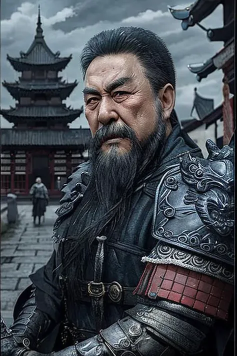 male ,full body ,(green metal armor, metal dragon head on the shoulder, holding sword, (colored skin, ),(long heavy black beard):1.2), (green metal armor with intricate pattern:1.2), gloves, long pants, (insanely detailed, bloom:1.5), (highest quality, concept art, 4k), (analog:1.2), (high sharpness), (detailed pupils:1.1), (painting:1.1), (digital painting:1.1), detailed face and eyes, Masterpiece, best quality, (highly detailed photo:1.1), 8k, photorealistic, (dark hair color, dynamic short hair), (pureerosface_v1:0.2), [:(detailed face:1.2):0.2], sharp, realistic, real shadow, (Chinese castle background:1.2), old man, 65 years old,<lora:lu_20230618023935:0.8>