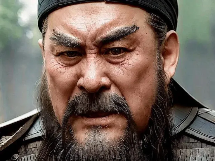 photo of a (men), old men,65 years old,very Long beard,grizzled beard,serious look ,There is blood on his face,With a kuan tao in his hand,standing at (park), portrait photo, (closeup:1.2),best quality, masterpiece, <lora:lu_20230618023935:0.8>
