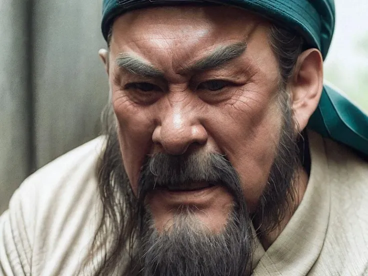 photo of a (men), old men,65 years old,very Long beard,grizzled beard,serious look ,There is blood on his face,With a kuan tao in his hand,standing at (park), portrait photo, (closeup:1.2),best quality, masterpiece, <lora:lu_20230618023935:0.8>