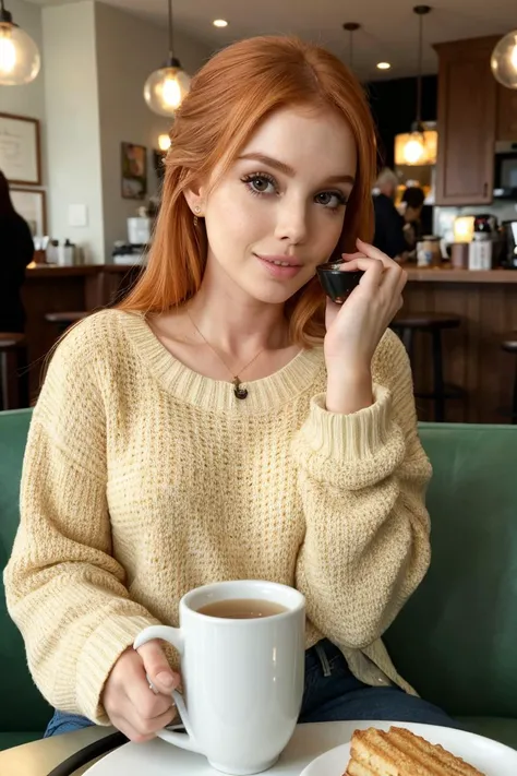 tv_Cosmik_Cowgirl_TT, kkw-skin-det, , , wearing a cozy sweater, sitting in a cafe, holding a cup of steaming tea, flirty expression,, 8k resolution, highres, high detail, sharp focus, detailed skin, 8k uhd,