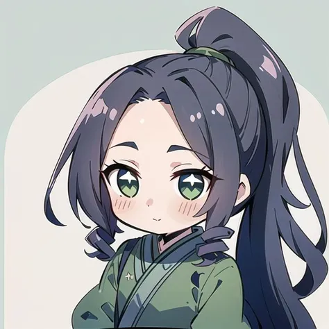 (Highest picture quality), (Master's work), (ultra-detailed), (Detailed eye description:1.2), masterpiece, best quality, (1boy:1.3), long hair, curly hair, dark blue hair, ponytail, (open forehead:1.3), (high bangs:1.3), green eyes,looking at viewer, simple background, chinese clothes, hanfu, green hanfu, green clothes,  <lora:MeiLanV2:0.8> meilan,   <lora:chibi_v10:0.8> chibi emoji,  sparkling eyes, exicited, happy, single vertical stripe,