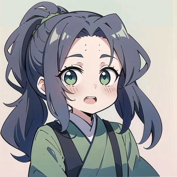 (Highest picture quality), (Master's work), (ultra-detailed), (Detailed eye description:1.2), masterpiece, best quality, (1boy:1.3), long hair, curly hair, dark blue hair, ponytail, (open forehead:1.3), (high bangs:1.3), green eyes,looking at viewer, simple background, chinese clothes, hanfu, green hanfu, green clothes, <lora:MeiLanV2:0.8> meilan, <lora:chibi_v10:0.8> chibi emoji, @@, open mouth, single vertical stripe,