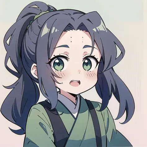 (Highest picture quality), (Master's work), (ultra-detailed), (Detailed eye description:1.2), masterpiece, best quality, (1boy:1.3), long hair, curly hair, dark blue hair, ponytail, (open forehead:1.3), (high bangs:1.3), green eyes,looking at viewer, simple background, chinese clothes, hanfu, green hanfu, green clothes,  <lora:MeiLanV2:0.8> meilan,   <lora:chibi_v10:0.8> chibi emoji,  @@, open mouth, single vertical stripe,