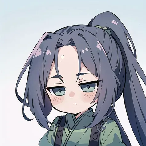 (Highest picture quality), (Master's work), (ultra-detailed), (Detailed eye description:1.2), masterpiece, best quality, (1boy:1.3), long hair, curly hair, dark blue hair, ponytail, (open forehead:1.3), (high bangs:1.3),simple background, chinese clothes, hanfu, green hanfu, green clothes, <lora:MeiLanV2:0.8> meilan, <lora:chibi_v10:0.8> chibi emoji, shocked, empty eyes, single vertical stripe,