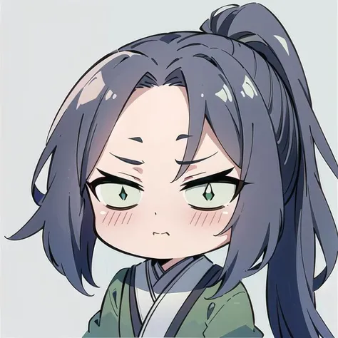 (Highest picture quality), (Master's work), (ultra-detailed), (Detailed eye description:1.2), masterpiece, best quality, (1boy:1.3), long hair, curly hair, dark blue hair, ponytail, (open forehead:1.3), (high bangs:1.3), green eyes,looking at viewer, simple background, chinese clothes, hanfu, green hanfu, green clothes, <lora:MeiLanV2:0.8> meilan, <lora:chibi_v10:0.8> chibi emoji, crying, closed eyes, single vertical stripe,