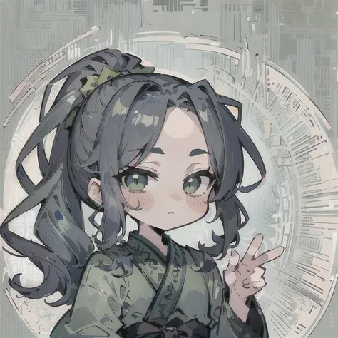 (Highest picture quality), (Master's work), (ultra-detailed), (Detailed eye description:1.2), masterpiece, best quality, (1boy:1.3), long hair, curly hair, dark blue hair, ponytail, (open forehead:1.3), (high bangs:1.3), green eyes,looking at viewer, simple background, chinese clothes, hanfu, green hanfu, green clothes, <lora:MeiLanV2:0.8> meilan, <lora:chibi_v10:0.8> chibi emoji