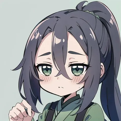 (Highest picture quality), (Master's work), (ultra-detailed), (Detailed eye description:1.2), masterpiece, best quality, (1boy:1.3), long hair, curly hair, dark blue hair, ponytail, (open forehead:1.3), (high bangs:1.3), green eyes,looking at viewer, simple background, chinese clothes, hanfu, green hanfu, green clothes,  <lora:MeiLanV2:0.8> meilan,   <lora:chibi_v10:0.8> chibi emoji,  crying, closed eyes, single vertical stripe,