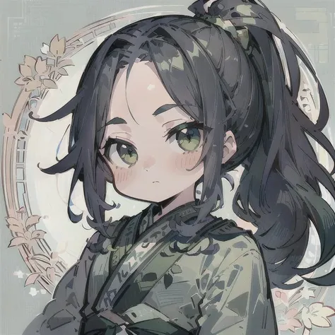 (Highest picture quality), (Master's work), (ultra-detailed), (Detailed eye description:1.2), masterpiece, best quality, (1boy:1.3), long hair, curly hair, dark blue hair, ponytail, (open forehead:1.3), (high bangs:1.3), green eyes,looking at viewer, simple background, chinese clothes, hanfu, green hanfu, green clothes, <lora:MeiLanV2:0.8> meilan, <lora:chibi_v10:0.8> chibi emoji