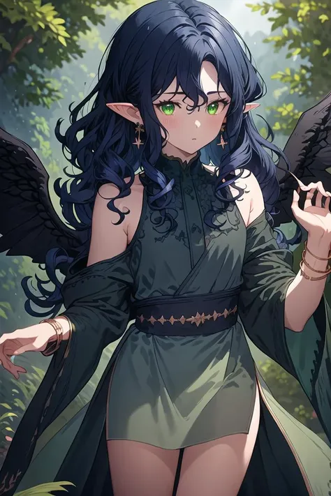masterpiece, 1boy, solo, curly hair, looking at viewer, bangs, dark blue hair, bare shoulders, jewelry, green eyes, earrings, wings, pointy ears, nail polish, blurry, black dress, bracelet, eyelashes, floating hair, depth of field, bridal gauntlets, backlighting, yellow theme, transparent wings, <lora:mei-lan:0.8>