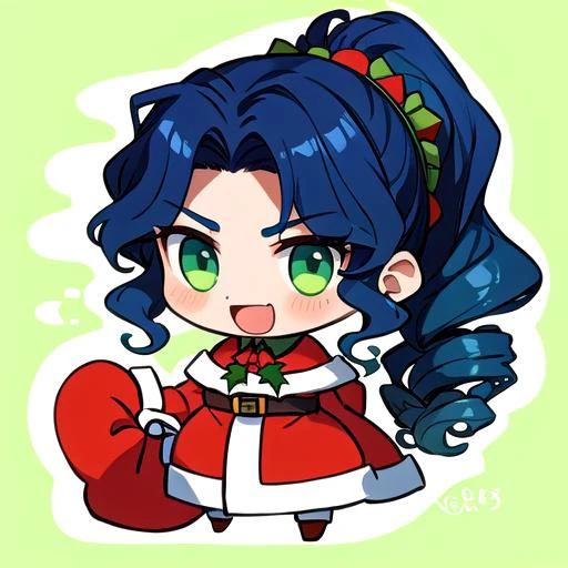 Highly detailed, High Quality, Masterpiece, beautiful, <lora:PadoruMeme:0.8> PadoruMeme, 1boy, sack, holding sack, :d, santa, santa hat, dark blue hair, curly hair, ponytail, green eyes, <lora:mei-lan:0.8>
