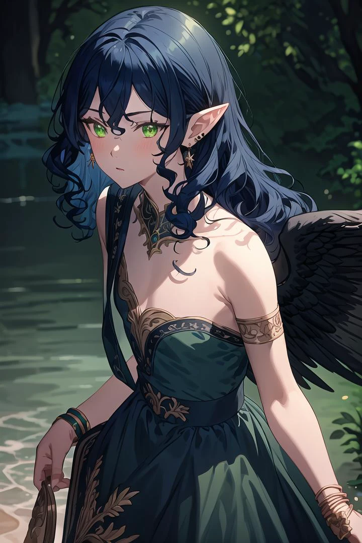 masterpiece, 1boy, solo, curly hair, looking at viewer, bangs, dark blue hair, bare shoulders, jewelry, green eyes, earrings, wings, pointy ears, nail polish, blurry, black dress, bracelet, eyelashes, floating hair, depth of field, bridal gauntlets, backlighting, yellow theme, transparent wings, <lora:mei-lan:0.8>