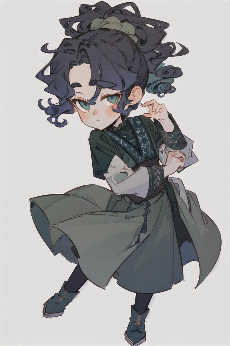 (Highest picture quality), (Master's work), (ultra-detailed), (Detailed eye description:1.2), masterpiece, best quality, IRIaStyle, chibi, solo, simple background, 1boy, white background, dark colors, muted colors <lora:test_little_papapa:1>, <lora:mei-lan:0.8> dark blue hair, curly hair, ponytail, green eyes, green clothes, full body
