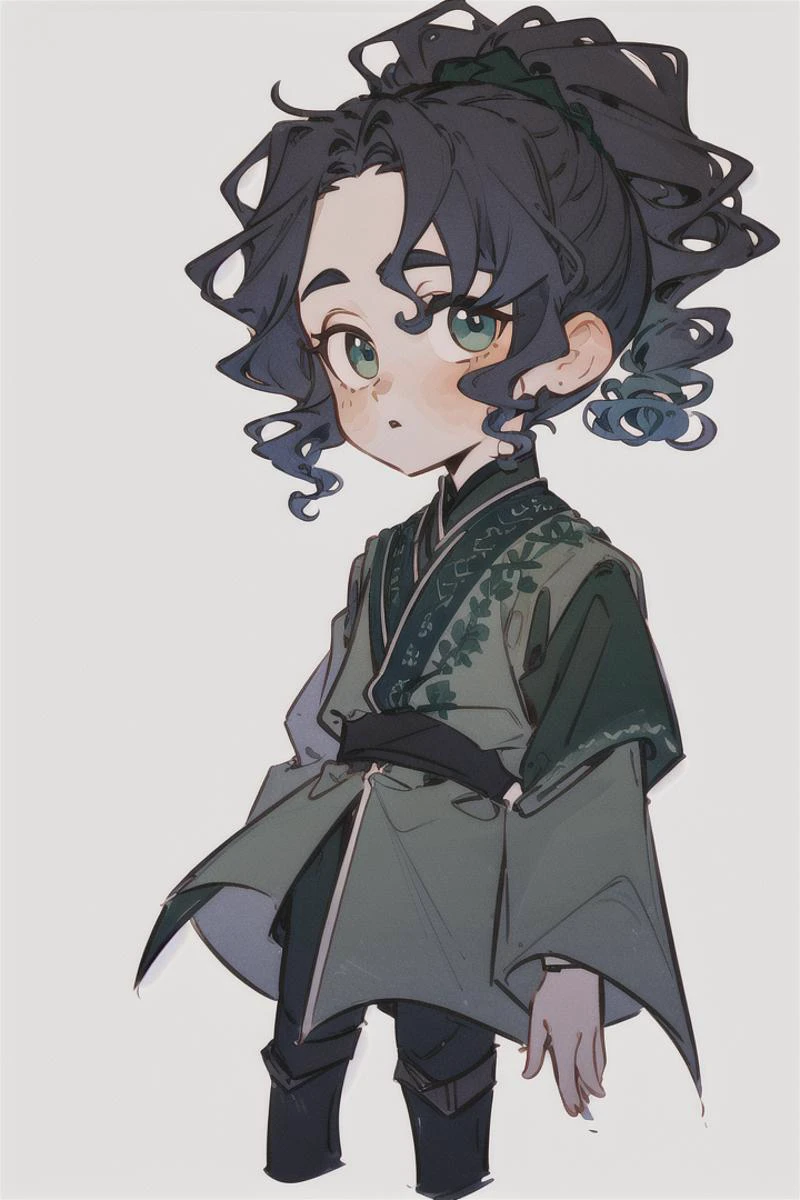 (Highest picture quality), (Master's work), (ultra-detailed), (Detailed eye description:1.2), masterpiece, best quality, IRIaStyle, chibi, solo, simple background, 1boy, white background, dark colors, muted colors <lora:test_little_papapa:1>, <lora:mei-lan:0.8> dark blue hair, curly hair, ponytail, green eyes, green clothes, full body