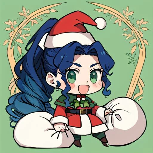 Highly detailed, High Quality, Masterpiece, beautiful, <lora:PadoruMeme:0.8> PadoruMeme, 1boy, sack, holding sack, :d, santa, santa hat, dark blue hair, curly hair, ponytail, green eyes, <lora:mei-lan:0.8>