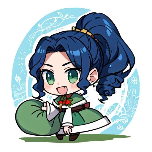 Highly detailed, High Quality, Masterpiece, beautiful, <lora:PadoruMeme:0.8> PadoruMeme, 1boy, sack, holding sack, :d, santa, santa hat, dark blue hair, curly hair, ponytail, green eyes, <lora:mei-lan:0.8>