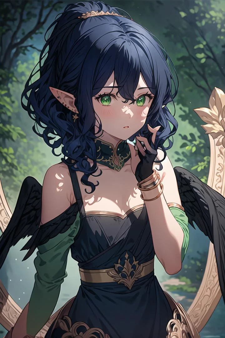 masterpiece, 1boy, solo, curly hair, looking at viewer, bangs, dark blue hair, bare shoulders, jewelry, green eyes, earrings, wings, pointy ears, nail polish, blurry, black dress, bracelet, eyelashes, floating hair, depth of field, bridal gauntlets, backlighting, yellow theme, transparent wings, <lora:mei-lan:0.8>