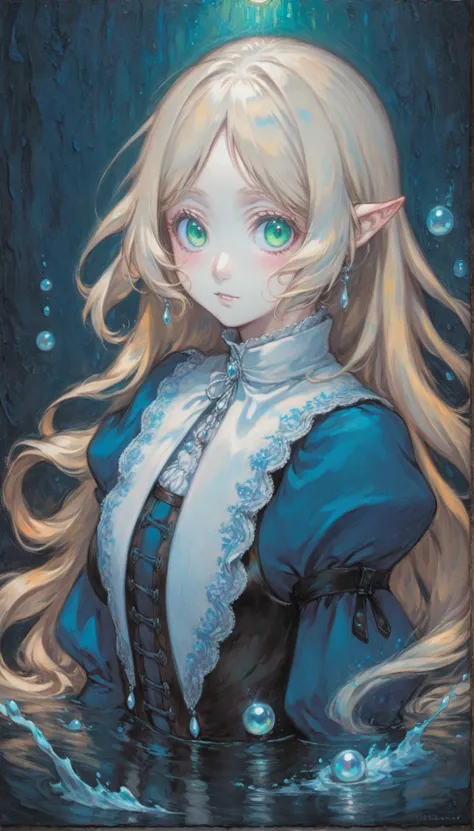 1girl, castlevania_ayami_kojima_xl, castlevania, [maria renard:Frieren:0.5], owoface, ;p, blond|silver hair, blue|green eyes, long hair, low-tied long hair, low ponytail, corset, big eyes, pointy ears,
[pearl:opal:0.5], oil painting \(medium\), oil painting, impasto, chiaroscuro, scumbling, alla prima, underpainting,
very aesthetic, masterpiece, best quality, hyper detailed, ultra detailed, UHD, perfect anatomy, dazzling, transparent, detailed Illustration, official artwork, wallpaper, official art, extremely detailed eyes and face, beautiful detailed eyes, blue eyes,
emerging from lake, partially submerged, water, wet clothes,
[<lora:castlevania_ayami_kojima_xl:1>:<lora:frieren_xl_2:0.5>:0.8]
<lora:aesthetic_anime_v1s:1>
<lora:IOS_Iridescent_opal_style:0.4>