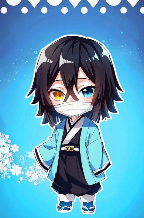 1boy, heterochromia, black hair, hair between eyes, bangs, iguro obanai, yellow eyes, blue eyes, full body, kimono,japanese clothes, tabi, zouri, (chibi:1.25), <lora:iguro_obanai_v5-06:1>