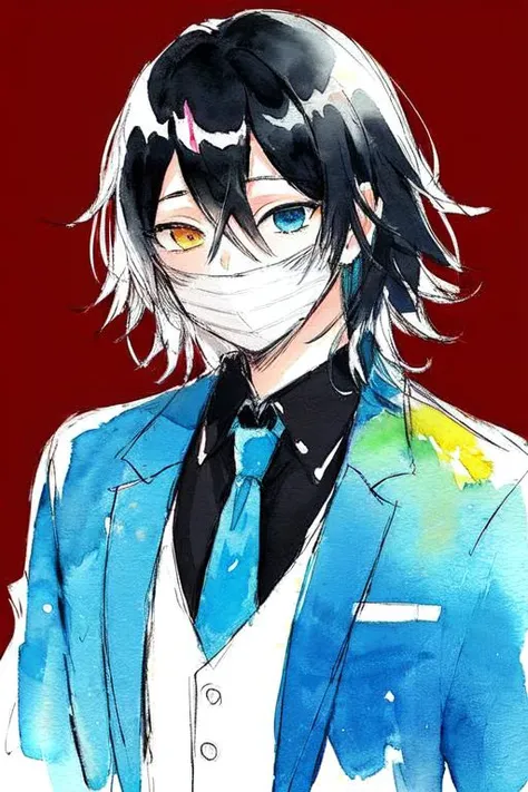 1boy, heterochromia, black hair, hair between eyes,  bangs, iguro obanai,  tuxedo, formal, necktie, collared shirt,  medium hair, covered mouth, yellow eyes,  [blue eyes], (watercolor:1.25),(sketch:1.25), <lora:iguro_obanai_v5-06:1>