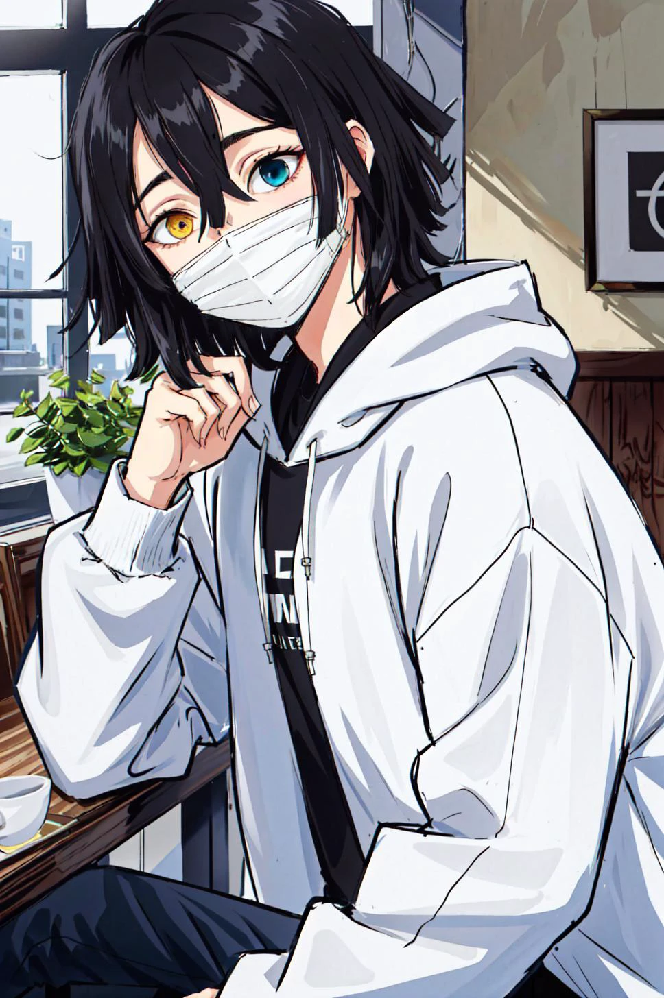 1boy, heterochromia, black hair, yellow eyes, outdoors, blue eyes, hair between eyes, bangs, iguro obanai, upper body, hoodie, indoors, cafe, medium hair, <lora:iguro_obanai_v5-06:1>