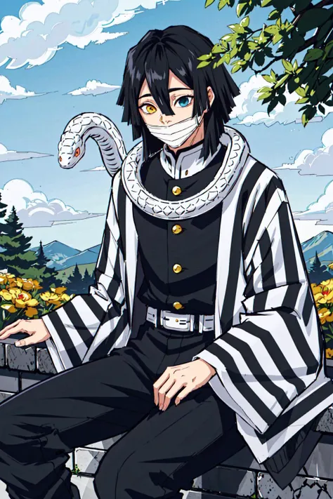 1boy, snake, heterochromia, black hair, male focus, snake, tree, yellow eyes, outdoors, blue eyes, japanese clothes, black pants, hair between eyes, wide sleeves, long sleeves, sky,  demon slayer uniform, striped jacket,  bangs, iguro obanai,  sitting, <lora:iguro_obanai_v5-06:1>, [red eyes], cloudy sky