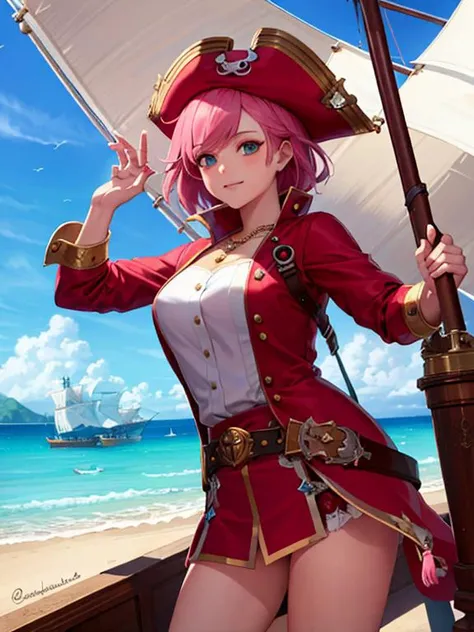 masterpiece, best quality, ultra-detailed, 1girl, <lora:lenna_charlotte_tycoon:0.8>lenna charlotte tycoon, pink hair, short hair, aqua eyes, smile, triumphant, red pirate coat, pirate hat, red hat, pirate costume, black tights, beautiful detailed eyes, detailed skin, on a pirate ship, mast, ocean, sun, clouds