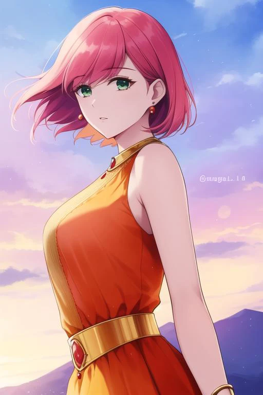 <lora:lenna_charlotte_tycoon:1>, lenna charlotte tycoon, masterpiece, best quality, 1girl, solo, green eyes, jewelry, one eye closed, pink hair, short hair, orange shirt, looking at viewer, earrings, sleeveless, bracelet, cloud, upper body, sky, shirt, parted lips, twitter username, dress, bare shoulders, bangs