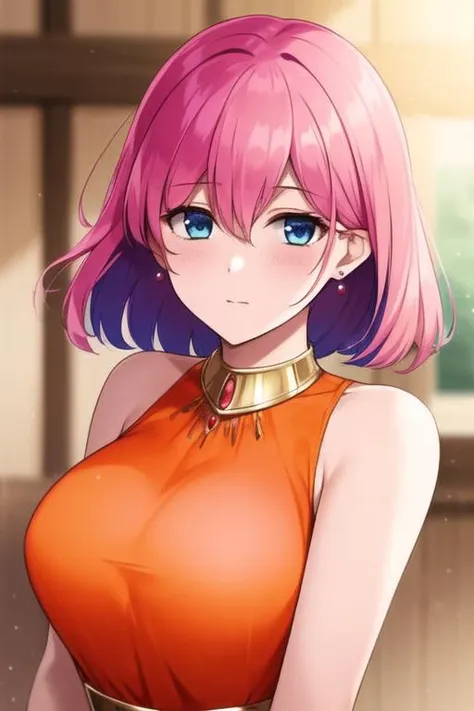 <lora:lenna_charlotte_tycoon:1>, lenna charlotte tycoon, masterpiece, best quality, 1girl, solo, jewelry, pink hair, blue eyes, earrings, short hair, closed mouth, blush, sleeveless, upper body, looking at viewer, breasts, bangs, flying sweatdrops, hair between eyes, shirt, bare shoulders, dress, orange shirt, cropped torso, gem, sleeveless dress