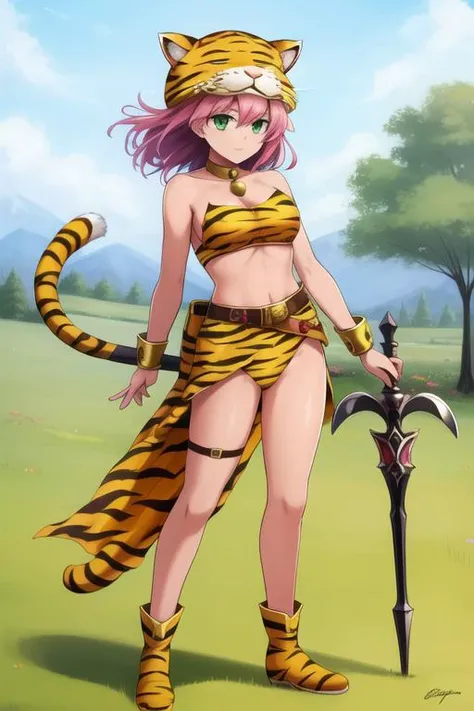 <lora:lenna_charlotte_tycoon:1>, lenna charlotte tycoon, masterpiece, best quality, 1girl, solo, tail, green eyes, pink hair, weapon, animal ears, animal hat, looking at viewer, tiger print, full body, hat, bell, breasts, animal print, closed mouth, tiger tail, belt, thigh strap, medium hair, sketch, cat tail, animal hood, navel, jewelry, cat hat, polearm, staff, neck bell, outdoors, medium breasts, toned,