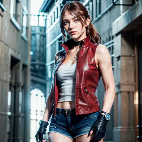 <lora:claire_redfield_classic-000008:1>, amateur photograph of claireredfieldclassic in (dark alley:1.2),re2costume, fingerless gloves, red sleeveless jacket, jeans,  <lora:russianDollLikeness_v3:.4>