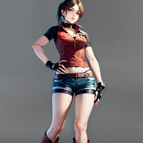 1girl, masterpiece,  <lora:claire_redfield_classic-000008:1>, claireredfieldclassic, re2costume, fingerless gloves, boots, bike shorts, denim shorts, simple background,  standing