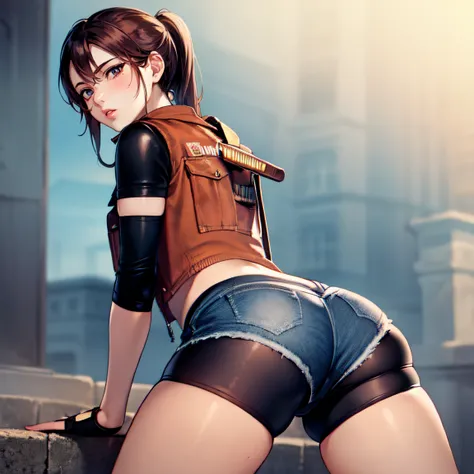 masterpiece, best quality, 1girl,detailed face,extremely detailed CG, wallpaper, Front, ass,beautiful face,
  <lora:claire_redfield_classic-000008:1>, claireredfieldclassic, (re2costume:1.3), fingerless gloves, boots, bike shorts, denim shorts, sleeveless, open jacket