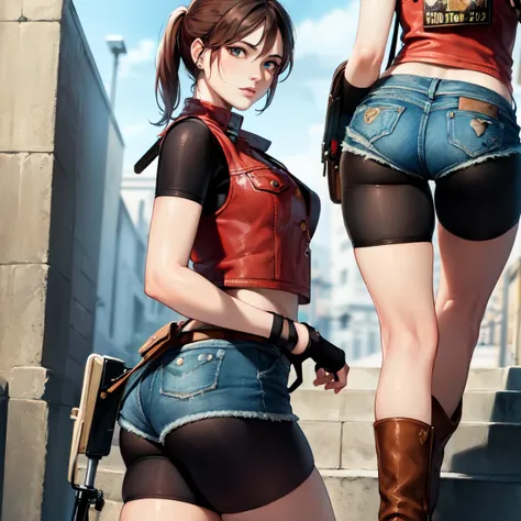 masterpiece, best quality, 1girl,detailed face,extremely detailed CG, wallpaper, from side,beautiful face,
  <lora:claire_redfield_classic:1>, claireredfieldclassic, (re2costume:1.3), fingerless gloves, boots, bike shorts, denim shorts