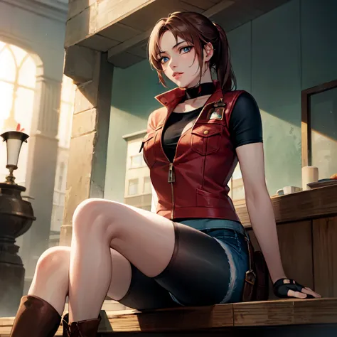 masterpiece, best quality, 1girl,detailed face,extremely detailed CG, wallpaper,beautiful face,
  <lora:claire_redfield_classic:1>, claireredfieldclassic, re2costume, fingerless gloves, boots, bike shorts, denim shorts, sitting at a table, blue eyes