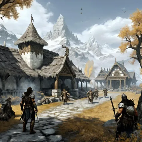Painting of skyrim war detailed in whiterun, style of ancient academic mythological by Henryk Siemiradzki, <lora:Acdemical_paintings_of_Henryk_Siemiradzki:1> Balgruuf the Greater, lydia, Ulfric Stormcloak