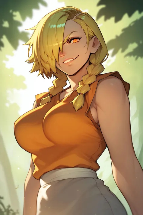 score_9, score_8_up, score_7_up, 1girl, thin, textured skin, smirk, yellow hair, hair over one eye, twin braids, orange eyes, large breasts, bronze clothes, backlighting, outdoors <lora:azusa_(hws)_PonyXL_style_v01:1>
