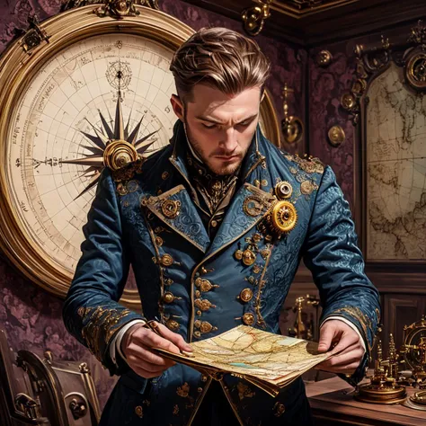 <lora:Rococo_Steampunk_SDXL:1> ArsMJStyle, Rococo Steampunk, The image shows a man in a fitted jacket with brass buttons examining a map with a mechanical compass in a richly decorated room.