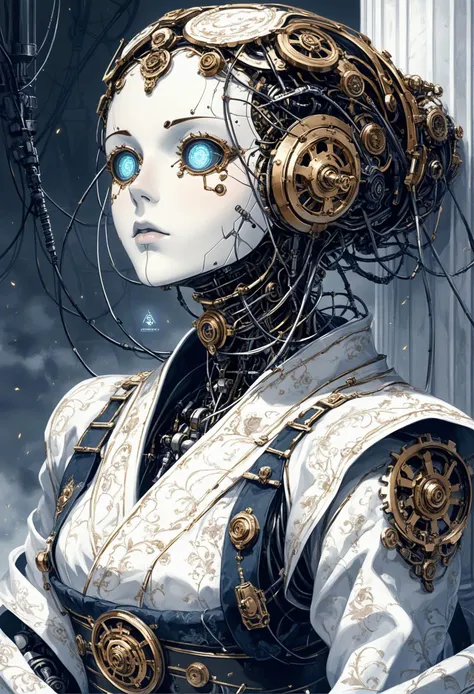 score_9, score_8_up, score_7_up, best quapoty, highres, absurdres, source_anime, 1girl, (ArsMJStyle, Rococo Steampunk:1.2), <lora:RococoSteampunkPony:1>, kimono, Leaning against a pillar or column, looking thoughtful and introspective., solo, upper body, looking up, detailed background, detailed face, (<lora:DwemerTech:0.7> dwemertech, ancient theme:1.1), android, cyborg, mechanical limbs, wires, cables, advanced technology, head tilted, sleek design, steel, nanobots, circuits, robotics, powered by solar energy, holograms, particle effects, bright black lights, bioluminescent parts, force field, cables in background, epic atmosphere,