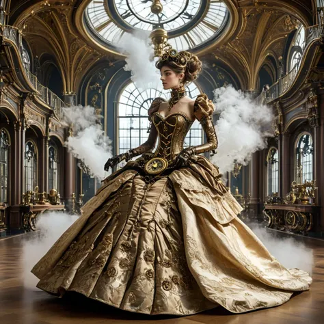 <lora:Rococo_Steampunk_SDXL:1> ArsMJStyle, Rococo Steampunk, The image shows a woman in a large gown with brass corsetry sitting in a grand library with a steam-powered clock on the wall.