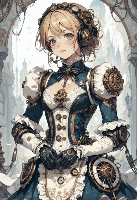 score_9, score_8_up, score_7_up, best quapoty, highres, absurdres, source_anime, 1girl, (ArsMJStyle, Rococo Steampunk:1.2), <lora:RococoSteampunkPony:1>, comic book character costume, Bending down to tie shoelaces, with a or younger sibling imitating the same action., robotics foundry, automated assembly lines, robotic prototypes, ai-driven factories, mechanical marvels