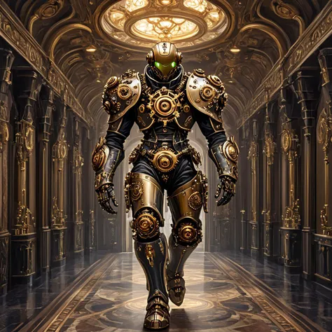 <lora:Rococo_Steampunk_SDXL:1> ArsMJStyle, Rococo Steampunk, The image shows a man in a mechanical suit with brass gears and cogs walking through a grand, ornate hallway with chandeliers above him.