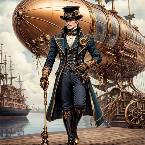 <lora:Rococo_Steampunk_SDXL:1> ArsMJStyle, Rococo Steampunk, The image shows a man with a brass cane and clockwork arm standing in front of a grand, steampunk airship dock.