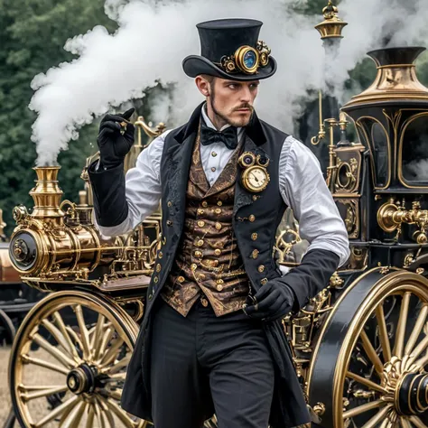 <lora:Rococo_Steampunk_SDXL:1> ArsMJStyle, Rococo Steampunk, The image shows a man in a waistcoat and top hat adjusting his clockwork monocle while standing in front of a steam-powered carriage.