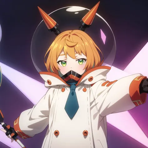 ((Masterpiece)), ((ultra quality)),mona, 1girl, blush, fullbody, looking at viewer, oversized gray costume, oversized glass helmet, yellow pantyhose, blue necktie, black fingerless gloves, solo, standing, white background, legs