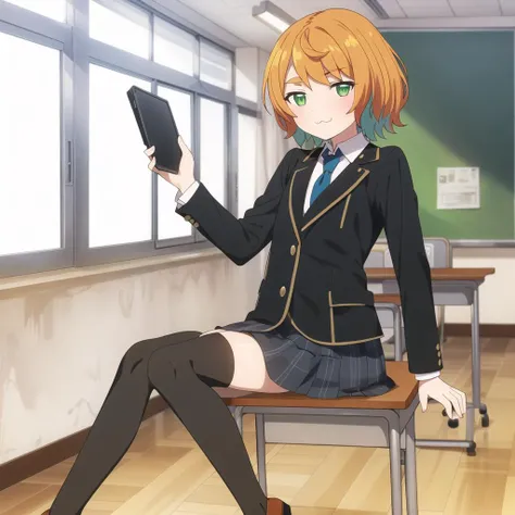 ((Masterpiece)), ((ultra quality)), mona, sitting, :3, chair, classroom, indoors, open mouth, school chair, school desk, school uniform, solo focus, skirt, black stockings
