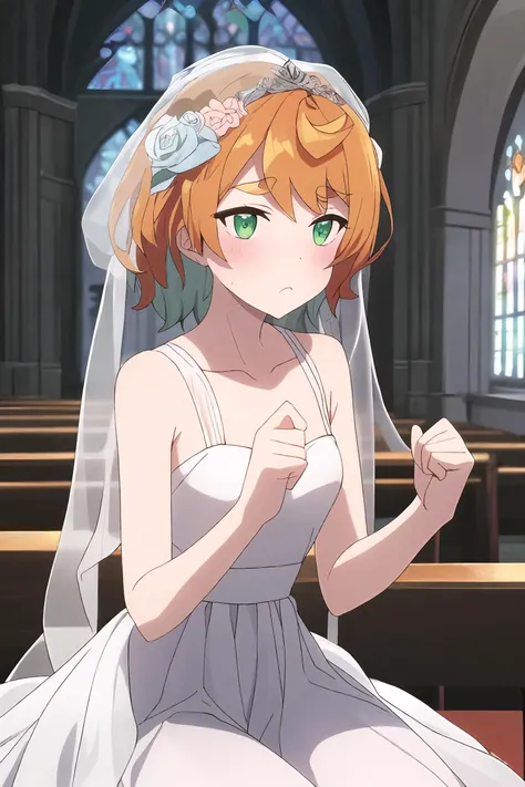 ((Masterpiece)), ((ultra quality)), mona, ((standing)), wedding dress, veil, church interior, :v, blushing, absurdres, very detailed